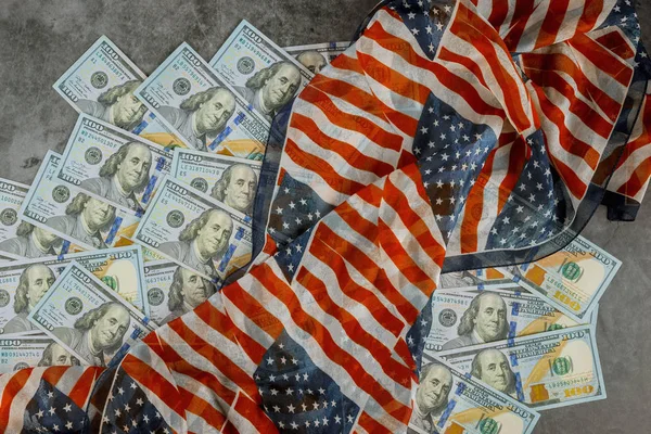 Top view american flag on US dollars USA economic