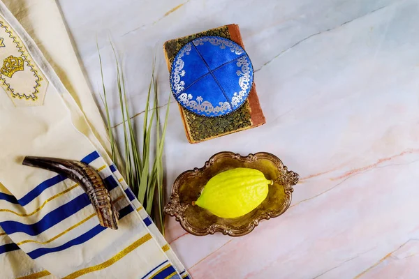 Jewish ritual festival of Sukkot in the jewish religious symbol Etrog, lulav, hadas, arava tallit praying book kippah and shofar — Stock Photo, Image