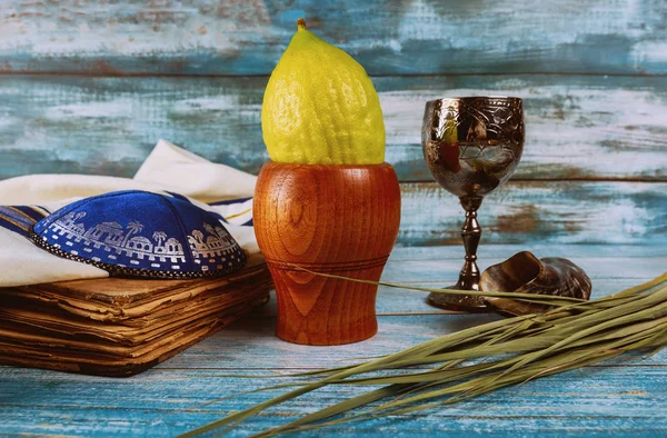 Sukkot jüdisches Fest des traditionellen religiösen Symbols etrog, lulav, hadas, arava kippah tallit Gebetbuch — Stockfoto