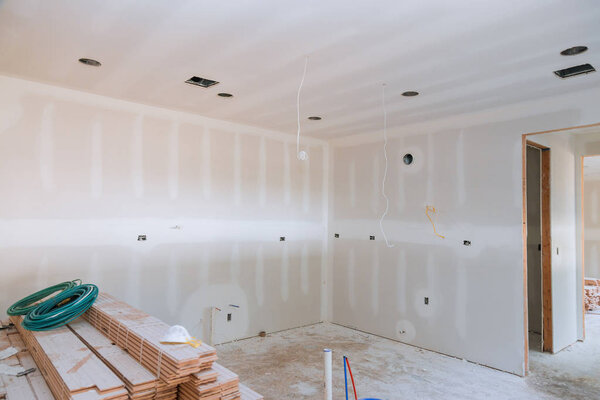 Interior construction of housing project with molding installed