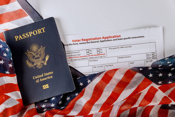 United States passport of American vote registration form for presidential election with flag of USA