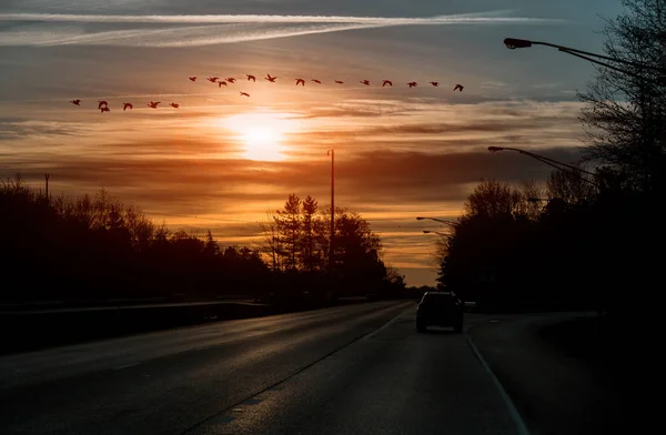 Autó úton kora reggel napkeltekor. — Stock Fotó