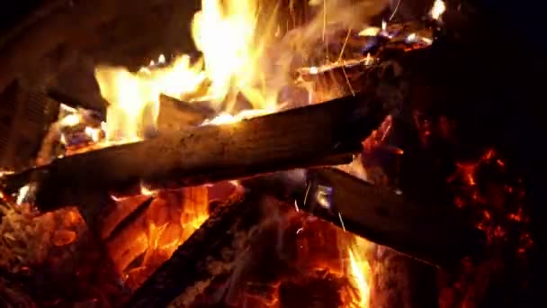 Ein Spaten rührt im Sommer Holzkohle am Lagerfeuer an — Stockvideo