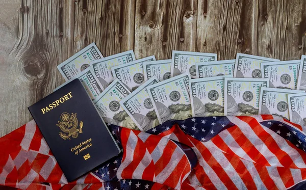 Top view american flag on US dollars USA economic American Passport