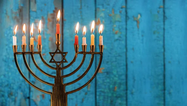 Jewish holiday Hanukkah with menorah traditional candelabra — Stock Photo, Image