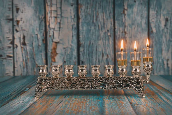 Second dayof Hanukkah with burning Hanukkah candles Hanukkiah traditional Candelabra — Stock Photo, Image