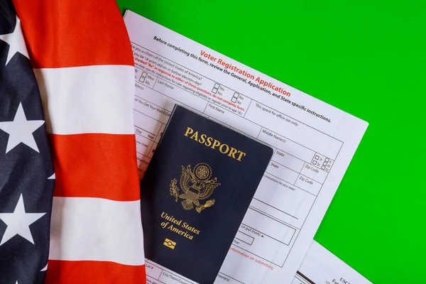 A United States voter registration application with United States Passports on of American Flag