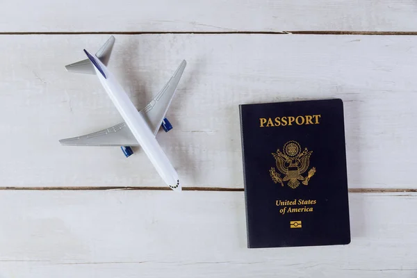 American passport on a model plane, airplane