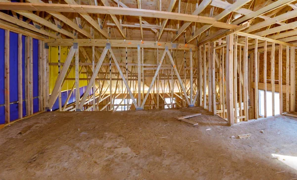 Framing beam of new house under construction interior of roof structure interior construction