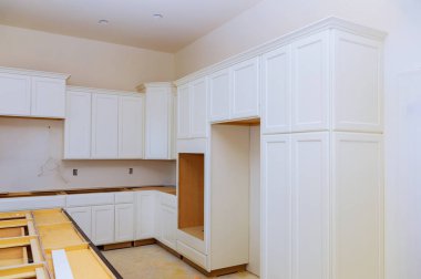 Yeni bir dolaba konulmuş ev dekorasyonu mutfak manzarası