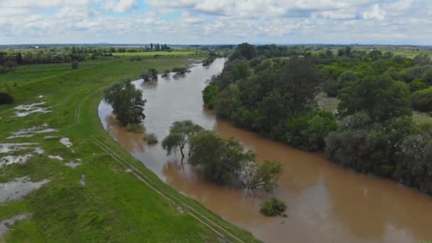 Water flood on river after heavy rain in water, spring flood scene — 비디오