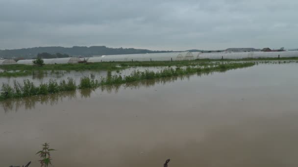 Aldeia, árvores e submersos em inundação devido à chuva pesada causando fluxo de água pesado — Vídeo de Stock