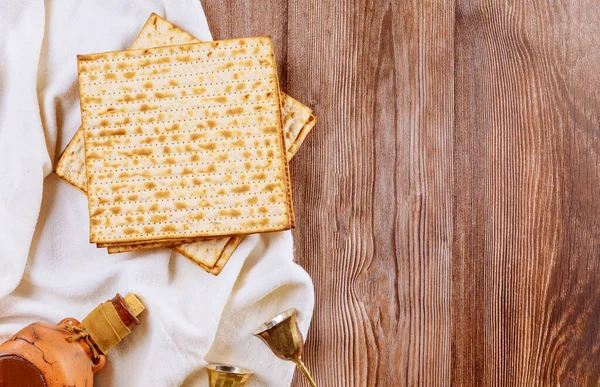 Passover Matzoh Jewish Holiday Bread Cup Kosher Wine Wooden Table — Stock Photo, Image