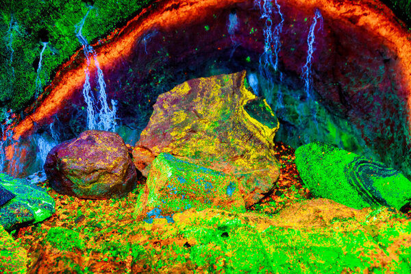 Fluorescent rocks of sterling hill mine glowing veins of light
