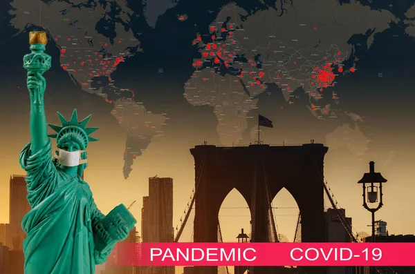 Brooklyn Brug Bij Schemering Usa Pandemische Coronavirus Covid Kaart Een — Stockfoto