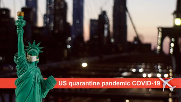 Ponte de Brooklyn com pandemia de quarentena nos EUA com coronavírus COVID-19 Mapa dos EUA ataca coronavírus na estátua da liberdade skyline de Nova York — Vídeo de Stock