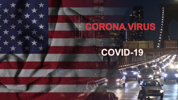 Pandemic U.S. canceled travel quarantine covid-19 New York City, US Flag flying on Brooklyn with Manhattan — Stock Video