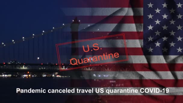 Pandemic U.S. canceled travel quarantine covid-19 American flag flying a dusk New York, Brooklyn Bridge Manhattan — Stock Video