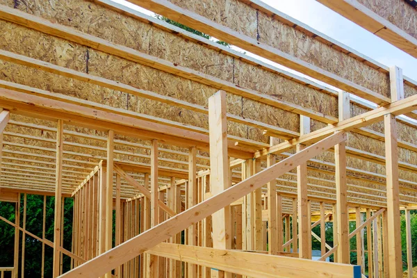 New Construction Beam Construction House Framed Ground Framing Blue Sky — Stock Photo, Image