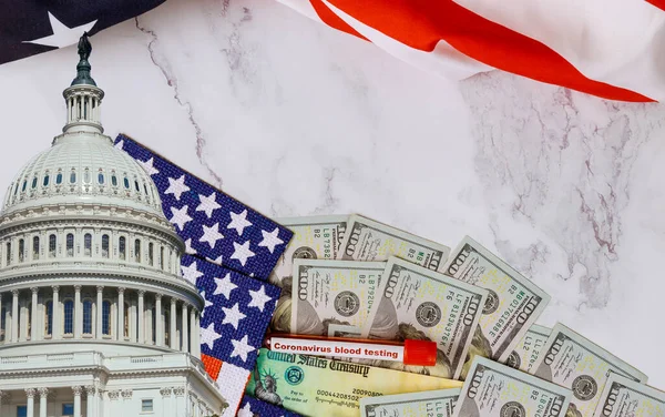 Senate and House of Representatives of United States Government the stimulus package financial package government for people, American flag and US dollar cash banknote