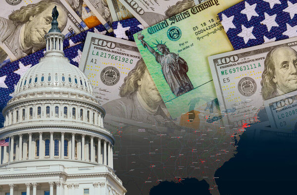 U.S. Capitol in Washington D.C. with Global pandemic Coronavirus Covid 19 lockdown, financial a stimulus bill individual checks from government US dollar bills currency on American flag