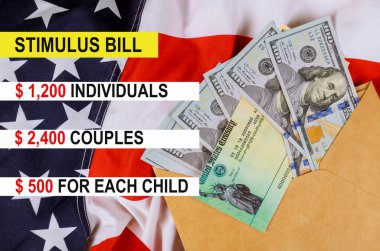 Washington DC Capitol Kubbesi ile küresel salgın Covid 19 Coronavirus uyarı paketleri Amerikan hükümetinden 100 dolarlık banknotlar Amerikan bayrağında