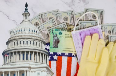 Senato uyarma anlaşması bireysel kontrolleri içeriyor. Virüs ekonomik canlandırma planı. Amerikan bayrağı için Amerikan doları nakit banknotu.
