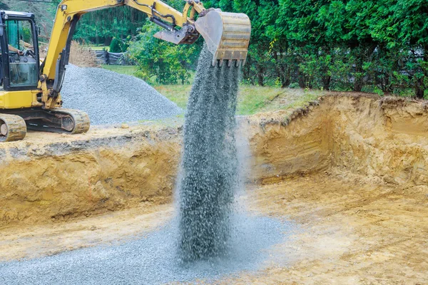 Excavator Bucket Lowered Gravel Stones Construction Foundation — Stock Photo, Image