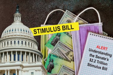 STIMULUS Washington DC Capitol Kubbesi ile küresel salgın Covid 19 Coronavirus uyarıcı paket yardım çekleri hükümet tarafından 100 dolarlık banknotlar halinde