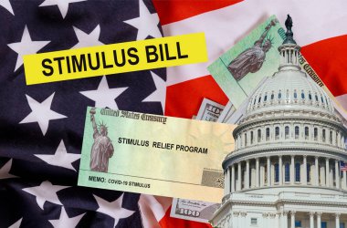Ekonomik ABD STIMULUS RELIEF PROGRAM Bill Coronavirus Global pandemik Covid 19 ABD hükümetinden finansal tecrit Amerikan bayrağında 100 dolarlık para birimi