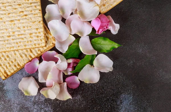 Matzoh Pessach Jüdische Feiertagsfeier Mit Matzoh Von Frischen Rosa Rose — Stockfoto