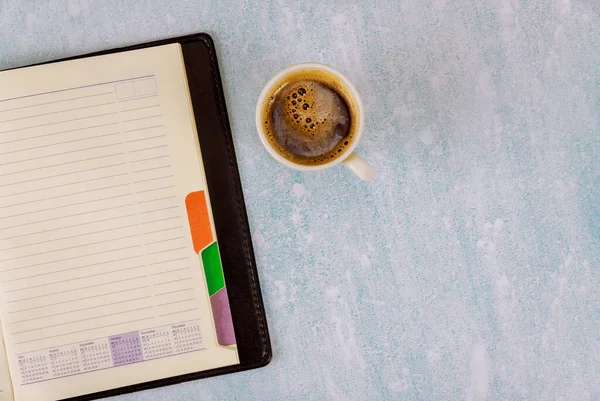 Overhead Notepad Coffee Cup Espresso Desk — Stock Photo, Image
