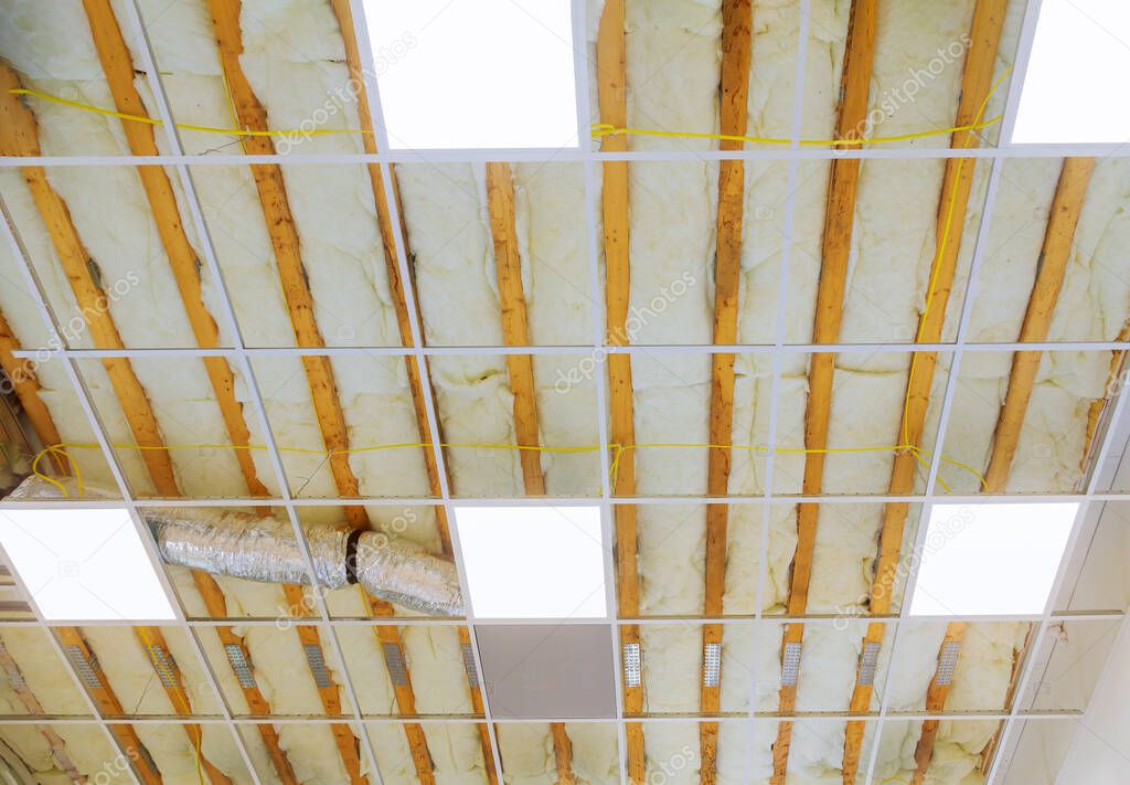 Making of false ceilings, metal frame of suspended ceilings at construction site