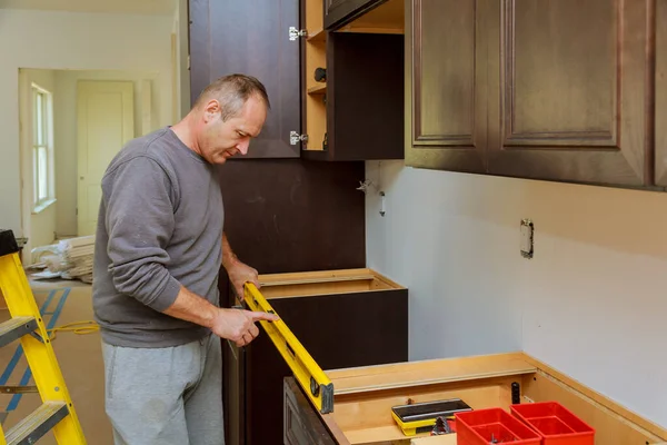 Nuevo Gabinete Una Vista Cocina Mejora Del Hogar Instalado Una —  Fotos de Stock