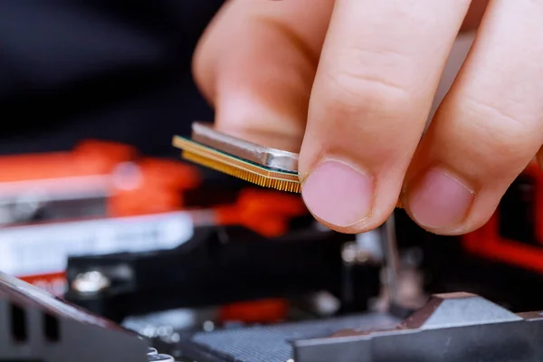 Tecnico Che Installa Cpu Hardware Del Computer Sulla Scheda Madre — Foto Stock