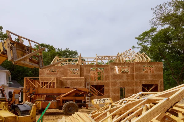 Casa Residencial Privada Com Moldura Madeira Sob Construção Vigas Casa — Fotografia de Stock