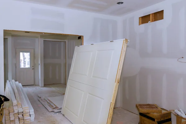 Interior Wooden Stacker Doors Wait Installation New Home — Stock Photo, Image