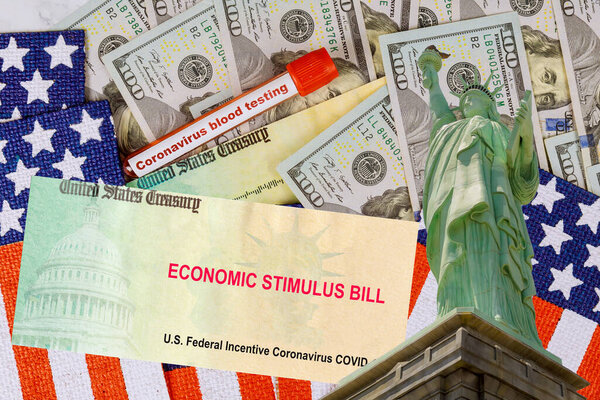 Word COVID-19 on global pandemic lockdown stimulus package financial bill from government Statue Liberty