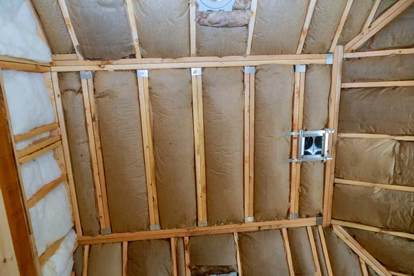 Thermal Fiberglass Insulation Process Attic Construction Frame House Newly Constructed — Stock Photo, Image