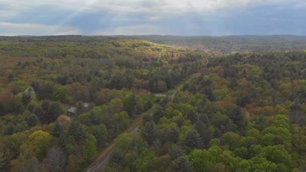 Luchtfoto groen bedekt bos in de bergen van Poconos in Pennsylvania — Stockvideo