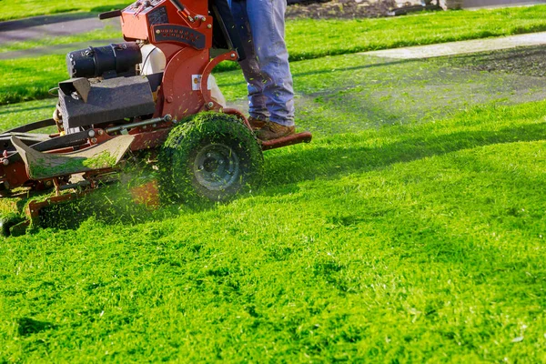 Uomo Che Taglia Erba Nel Suo Cortile Tagliare Erba Primaverile — Foto Stock