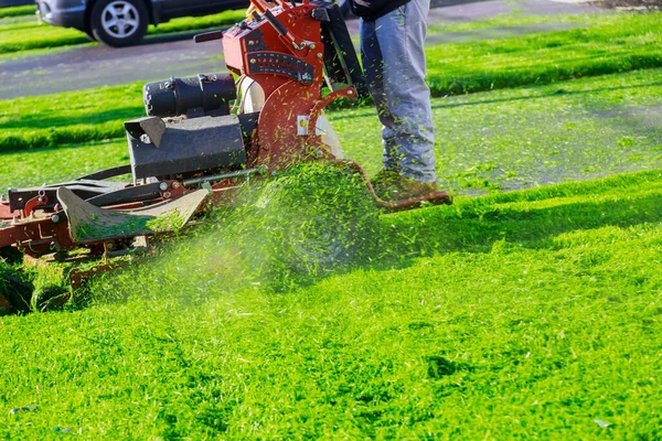 Uomo Taglio Prato Con Utilizzo Tosaerba Benzina Casa Erba Giardino — Foto Stock