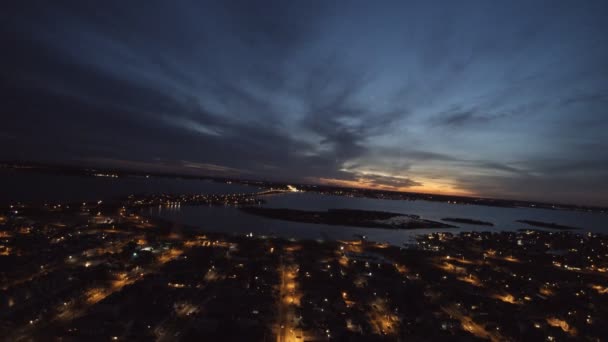 Aerial view of the seaside residential area beach town at night in NJ — Stock Video