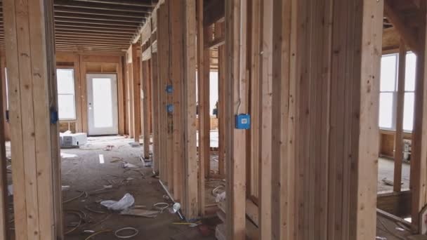Wooden house construction home framing interior residential home — Stock Video