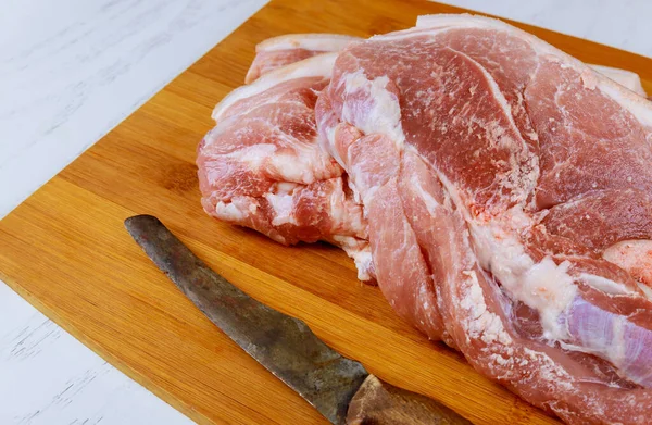 Vers Rauw Varkensvlees Steak Bereid Voor Het Koken Het Snijden — Stockfoto