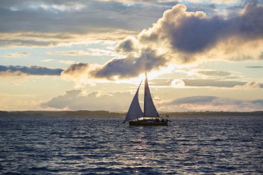 Beyaz Rusya yelkenli güneşler bir nehir üzerinde güzel manzara