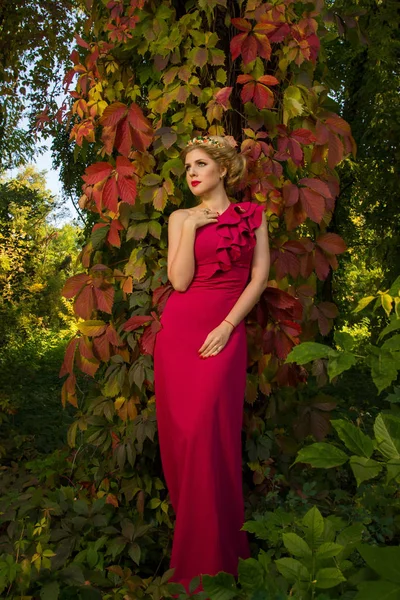 Belle fille dans une robe bleue posant dans la forêt — Photo