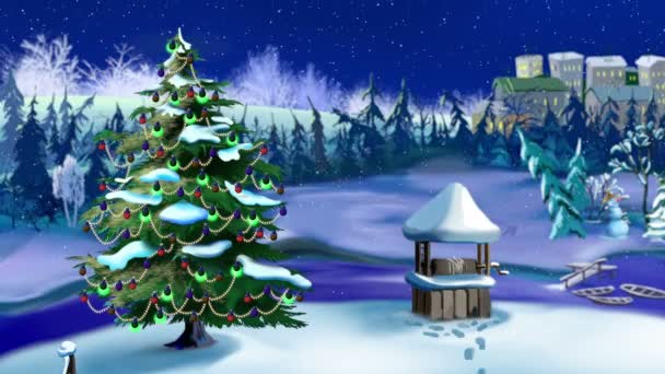 Рождественская ёлка в волшебной снежной зимней ночи — стоковое видео