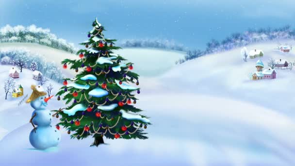 Snögubbe och julgran i en underbar vinterdag — Stockvideo