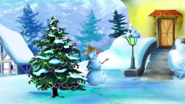Krásný vánoční den s sněhulák a vánoční stromeček